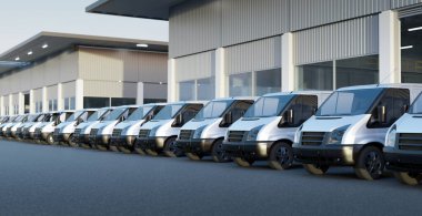 Boş zemin ve fabrika binaları olan ticari minibüsler arka arkaya geliyor. Ekspres teslimat ve sevkiyat hizmeti konsepti. 3d oluşturma