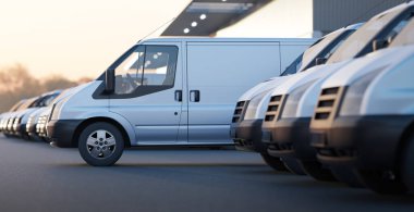 Teslimat minibüsleri beyaz minibüslerden oluşan bir filodan çıkıyorlar. Ekspres teslimat ve sevkiyat hizmeti konsepti. 3d oluşturma