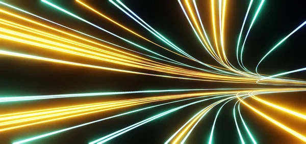 Dunkler Hintergrund Mit Farbenfroher Spur Glühender Linien Kurvenverlauf Von Geschwindigkeitslichtern — Stockfoto