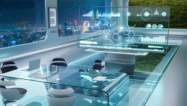 现代科幻小说风格的室内设计 绿墙植物 美丽的夜景城市景观 3D渲染 — 图库照片