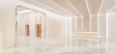 Modern ofis binasının resepsiyonlu modern giriş salonu. 3D oluşturma maketi