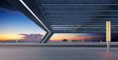 Köprünün altında asfalt yol kenarı boş ve güzel bir gündoğumu manzarası var. 3d oluşturma