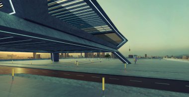 Sokak manzarası ve gündoğumu manzaralı modern çatı katı manzarası. 3d oluşturma