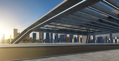 Yol kenarı sokak manzaralı, modern çatı katı manzaralı. 3d oluşturma