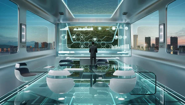 成功的精明商人在现代未来派办公室工作 3D渲染 — 图库照片