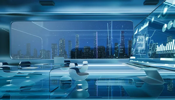 Moderní Sci Futuristický Interiérový Kancelářský Design Zelenou Stěnou Krásným Výhledem — Stock fotografie