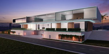 Güzel modern lüks villa. İyi geceler. 3d oluşturma