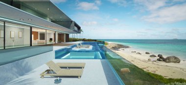 Sonsuzluk havuzunda deniz manzarası olan lüks bir villa dış tasarımı. 3d oluşturma