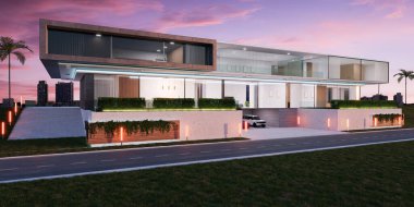 Güzel modern lüks villa. Sabah sahnesi. 3d oluşturma