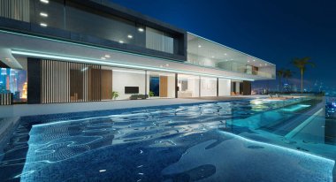 Lüks bir villa dış tasarımı ve güzel bir sonsuz havuzu var. İyi geceler. 3d oluşturma