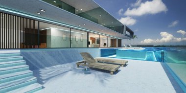 Sonsuzluk havuzunda deniz manzarası olan lüks bir villa dış tasarımı. 3d oluşturma