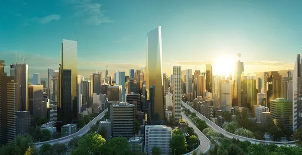 Progettazione Virtuale Skyline Moderno Paesaggio Urbano Con Strada Statale Sinuosa — Foto Stock