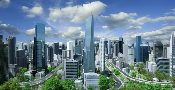 Virtuell Design Modern Stadsbild Skyline Med Kurvig Motorväg Väg Vid — Stockfoto