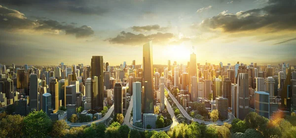 Virtuelles Design Moderne Stadtlandschaft Skyline Mit Kurvenreicher Autobahn Bei Schönem — Stockfoto