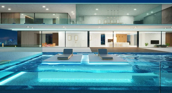 现代别墅 晚上有游泳池 3D渲染 — 图库照片
