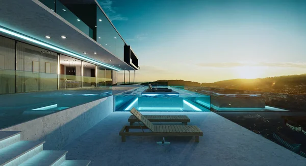 Villa Lujo Diseño Exterior Con Hermoso Paisaje Atardecer Piscina Infinita —  Fotos de Stock