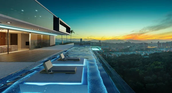 Luxury Villa Exterior Design Beautiful Sunrise Landscape Infinity Pool Rendering — Stock Photo, Image