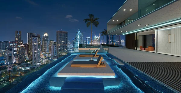 Luxus Villa Außendesign Mit Schönem Nächtlichen Stadtbild Infinity Pool Darstellung — Stockfoto