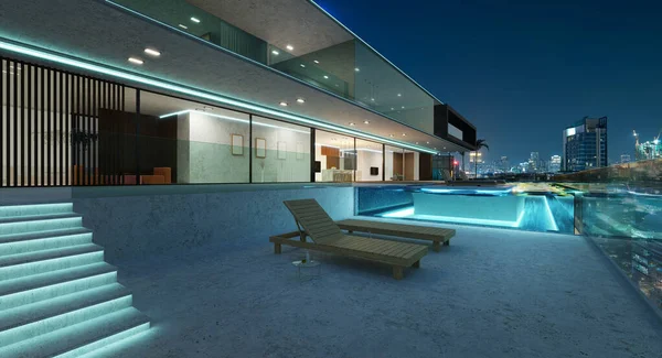 Villa Lujo Diseño Exterior Con Hermoso Paisaje Urbano Nocturno Piscina — Foto de Stock