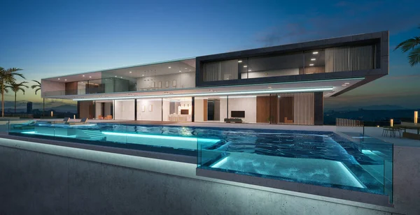 豪华别墅外观设计与美丽无限大游泳池 新的场景 3D渲染 — 图库照片