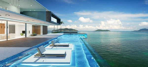 Luxe Villa Exterieur Met Prachtig Zeezicht Aan Het Infinity Zwembad — Stockfoto