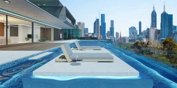 Luxusní Design Vily Moderním Panoramatickým Výhledem Nekonečný Bazén Vykreslování — Stock fotografie