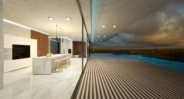 Casa Moderna Con Hermosa Vista Paisaje Nocturno Piscina Infinita Renderizado — Foto de Stock