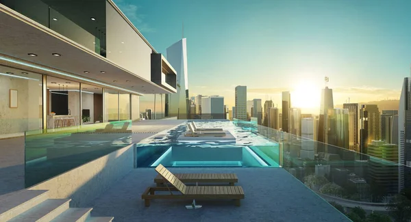 奢华的别墅外观设计 现代城市景观在无限的游泳池 3D渲染 — 图库照片