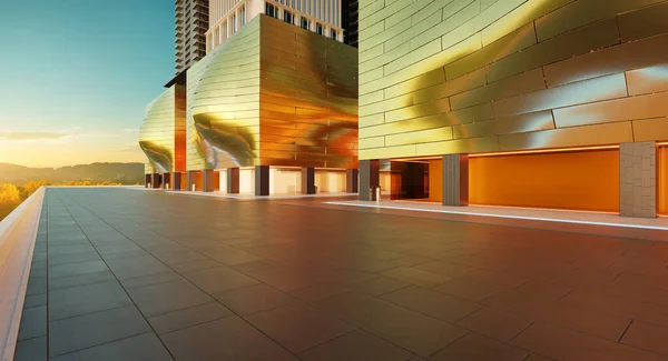 Piso Vazio Com Edifícios Modernos Com Parede Aço Dourado Design — Fotografia de Stock