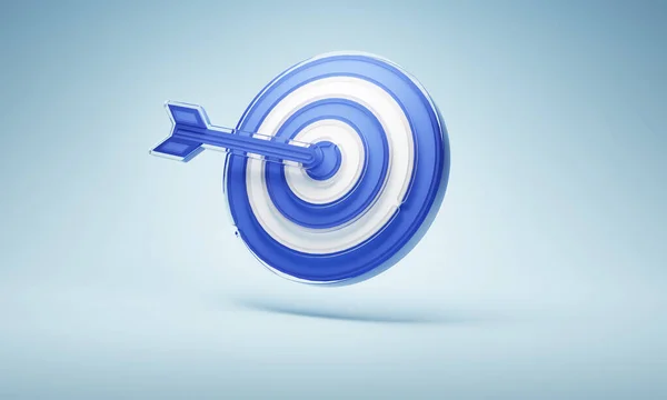 Glossy Design Blue Arrow Aim Dartboard Target Light Blue Background — Zdjęcie stockowe