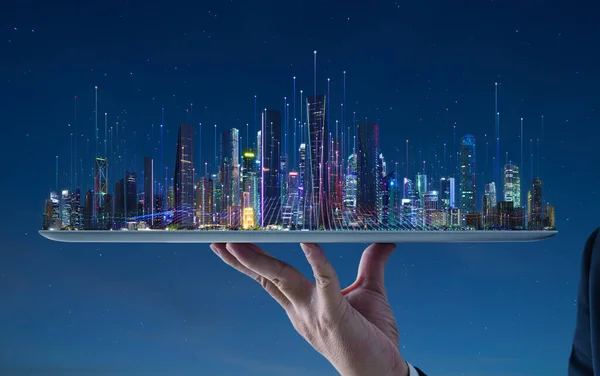 Waiter Hand Holding Empty Digital Tablet City Abstract Dot Point — Stok fotoğraf