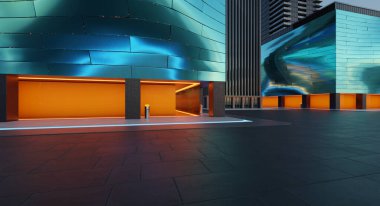 Boş zemin, turuncu cam pencereli modern binalar ve çarpık şekilli çelik ön cephe duvarı. 3d oluşturma