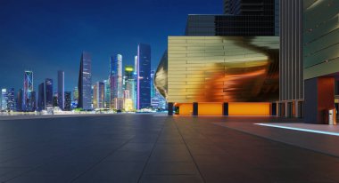 Modern bina ve güzel gece şehir arka planına sahip boş katın manzarası. 3d oluşturma