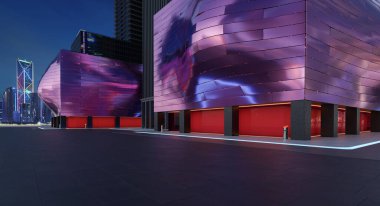Boş zemin, kırmızı cam pencereli modern binalar ve çarpık şekilli çelik ön cephe duvarı. 3d oluşturma