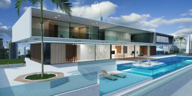 Lüks villa dış tasarım modern şehir manzaralı sonsuzluk havuzunda. 3d oluşturma