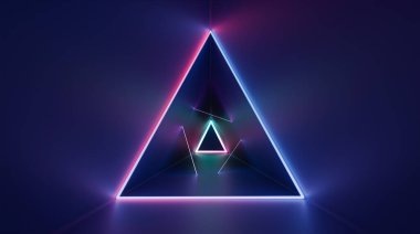 Parlayan üçgen lazer ışınları neonlu soyut üçgen arka plan. 3d oluşturma