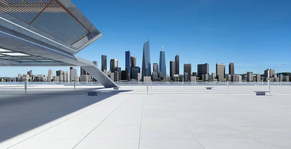 Perspektywa Pustej Betonowej Podłogi Nowoczesnego Budynku Dachu Sceną Miejską Renderowanie — Zdjęcie stockowe