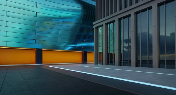 Piso Vacío Con Edificios Modernos Con Ventana Cristal Naranja Renderizado — Foto de Stock