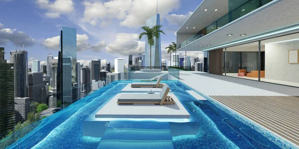 Villa Luxe Design Extérieur Avec Paysage Urbain Moderne Piscine Débordement — Photo