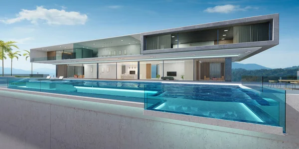 Lyxig Villa Exteriör Design Med Vacker Infinity Pool Rendering — Stockfoto