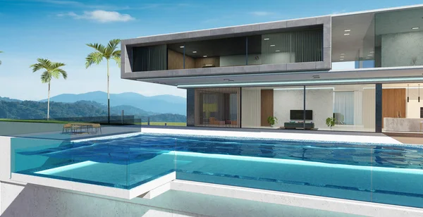 Luxury Villa Exterior Design Beautiful Infinity Pool Rendering — Stock Photo, Image