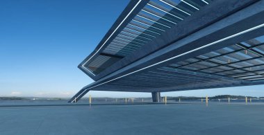Perspective view of empty concrete floor and modern rooftop building. 3d rendering