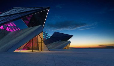 Çağdaş üçgen şekil tasarımı modern mimari bina dışı cam, beton ve çelik elementlerle. Gece sahnesi. Fotorealistik 3B oluşturma.