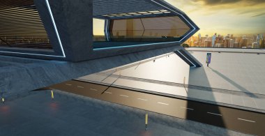 Boş yol manzarası ve günbatımı manzaralı modern çatı katı manzarası. 3d oluşturma