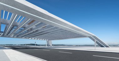 Boş yol manzarası ve günbatımı manzaralı modern çatı katı manzarası. 3d oluşturma