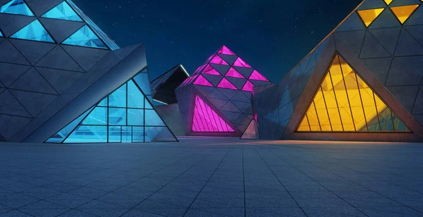 Contemporary triangle shape design modern Architecture building exterior with glass, concrete and steel element. Night scene. Photorealistic 3D rendering.