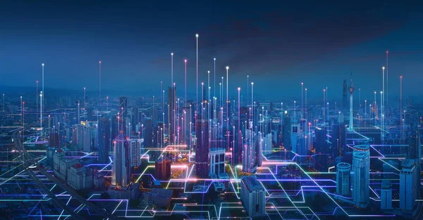 Smart city and abstract line and dot connect with gradient line design , big data connection technology concept. 3d render