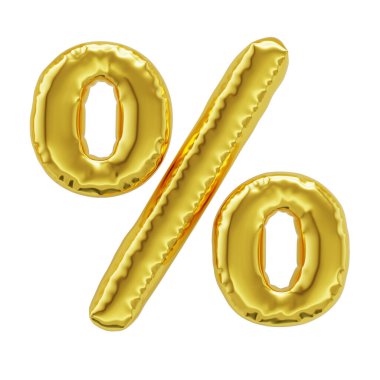 Symbol % percentage shiny golden inflatable balloon isolated on white background with clipping path. Sale, discount and promotion concept. 3d rendering