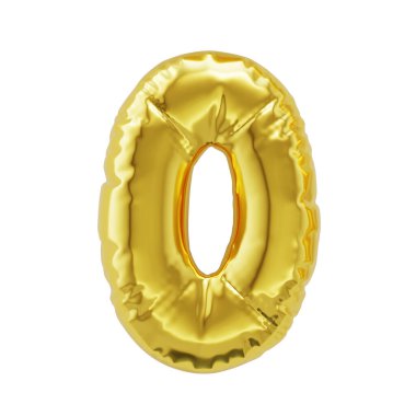 Number 0 shiny golden inflatable balloons isolated on white background with clipping path. 3d rendering