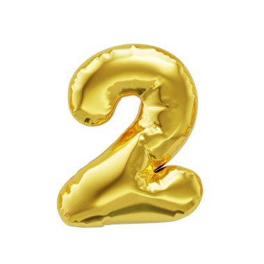 Number 2 shiny golden inflatable balloons isolated on white background with clipping path. 3d rendering